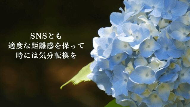 紫陽花と「SNSとも適度な距離感を保って時には気分転換を」の文字