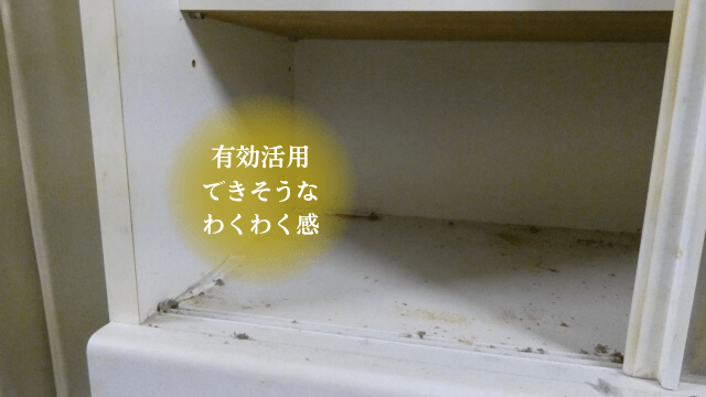 ものがなくなった食器棚と「有効活用できそうなわくわく感」の文字