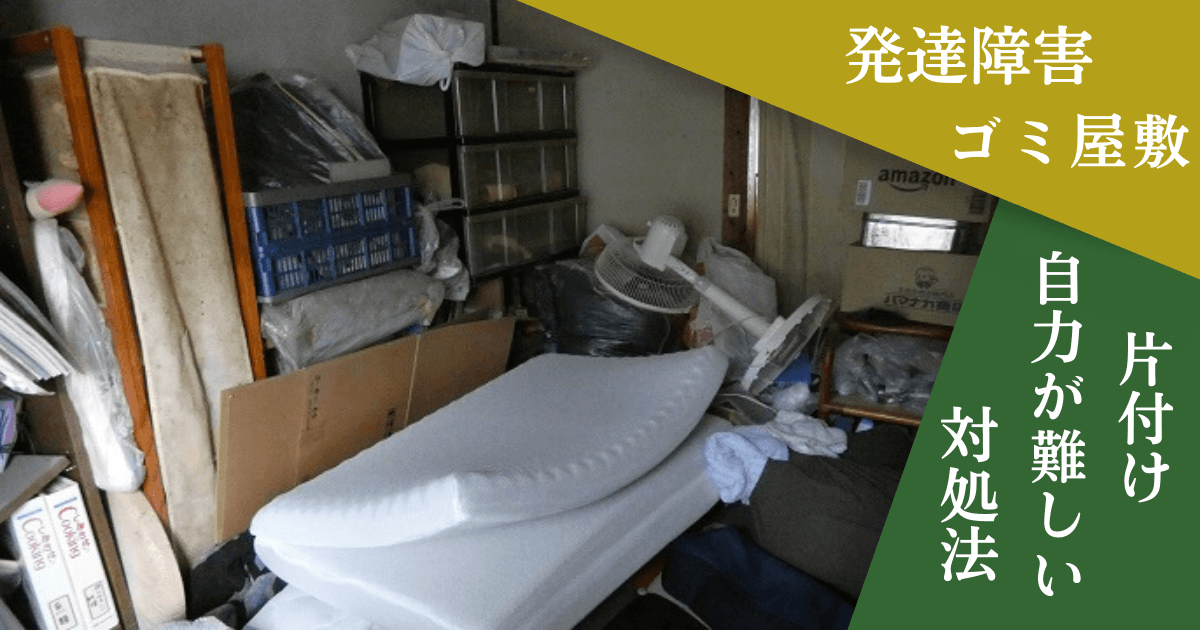 ゴミ屋敷の写真と「発達障害・片付け・自力が難しい・対処法」の文字